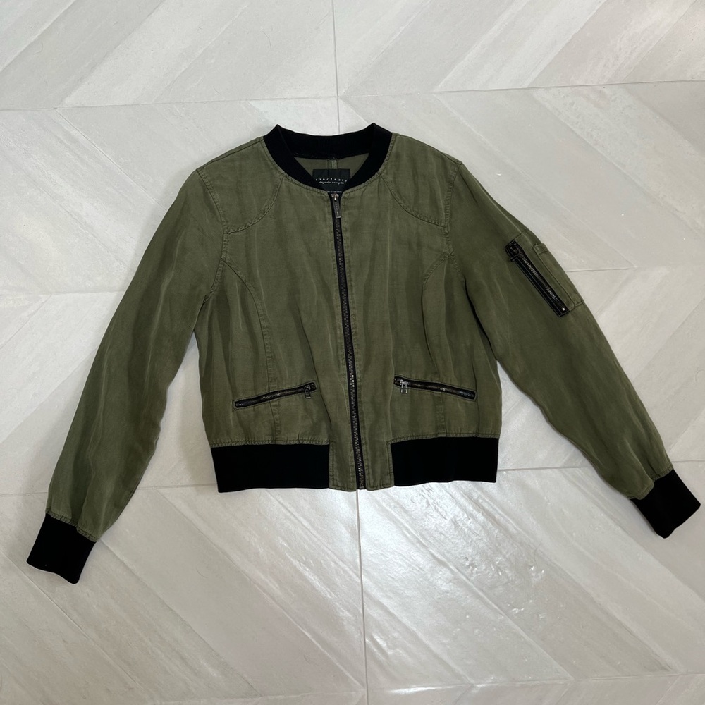 Sanctuary Army/Olive green Bomber Jacket with Black Accents - size small - Picture 2 of 7